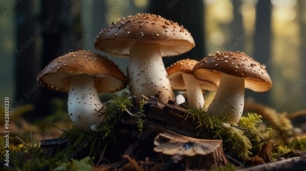A bunch of mushrooms with moss sitting on top of a log in the forest A bunch of mushrooms with moss sitting on top of a log in the forest