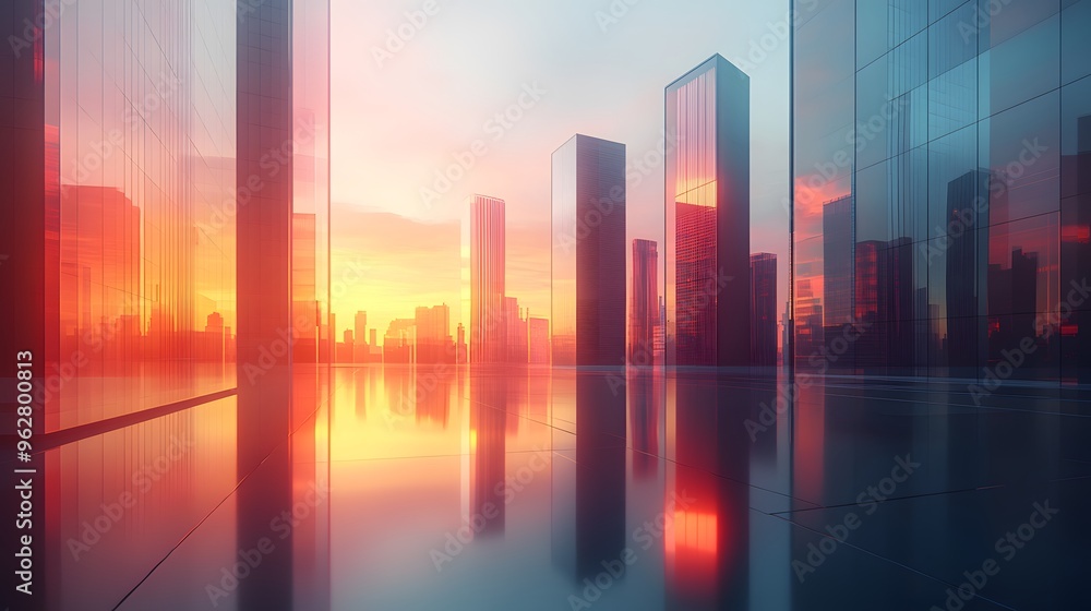 3D Illustration of a Modern City Skyline Reflected in Glass Buildings at Sunset 3D Illustration of a Modern City Skyline Reflected in Glass Buildings at Sunset