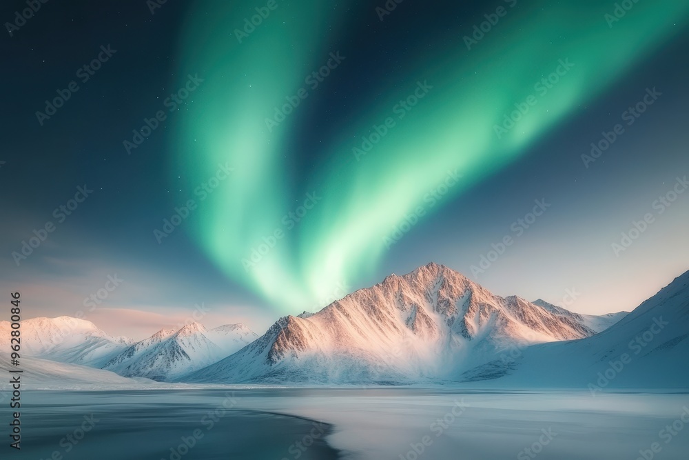 Naklejka premium Dazzling Dance of the Aurora Lights Over Majestic Snow-Capped Mountains at Sunset's Embrace