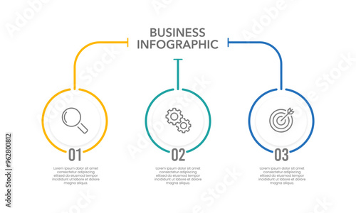 Business infographic line design template. 3 Options to success. Business presentation, Strategy, Organization, System and Marketing. Vector illustration.