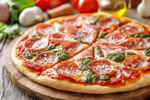 Mouthwatering Italian pizza with fresh toppings on wooden board