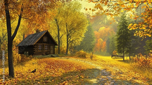 A serene autumnal forest landscape featuring vibrant, colorful foliage and a cozy sunlit cabin, basking in the warm glow of sunlight. 