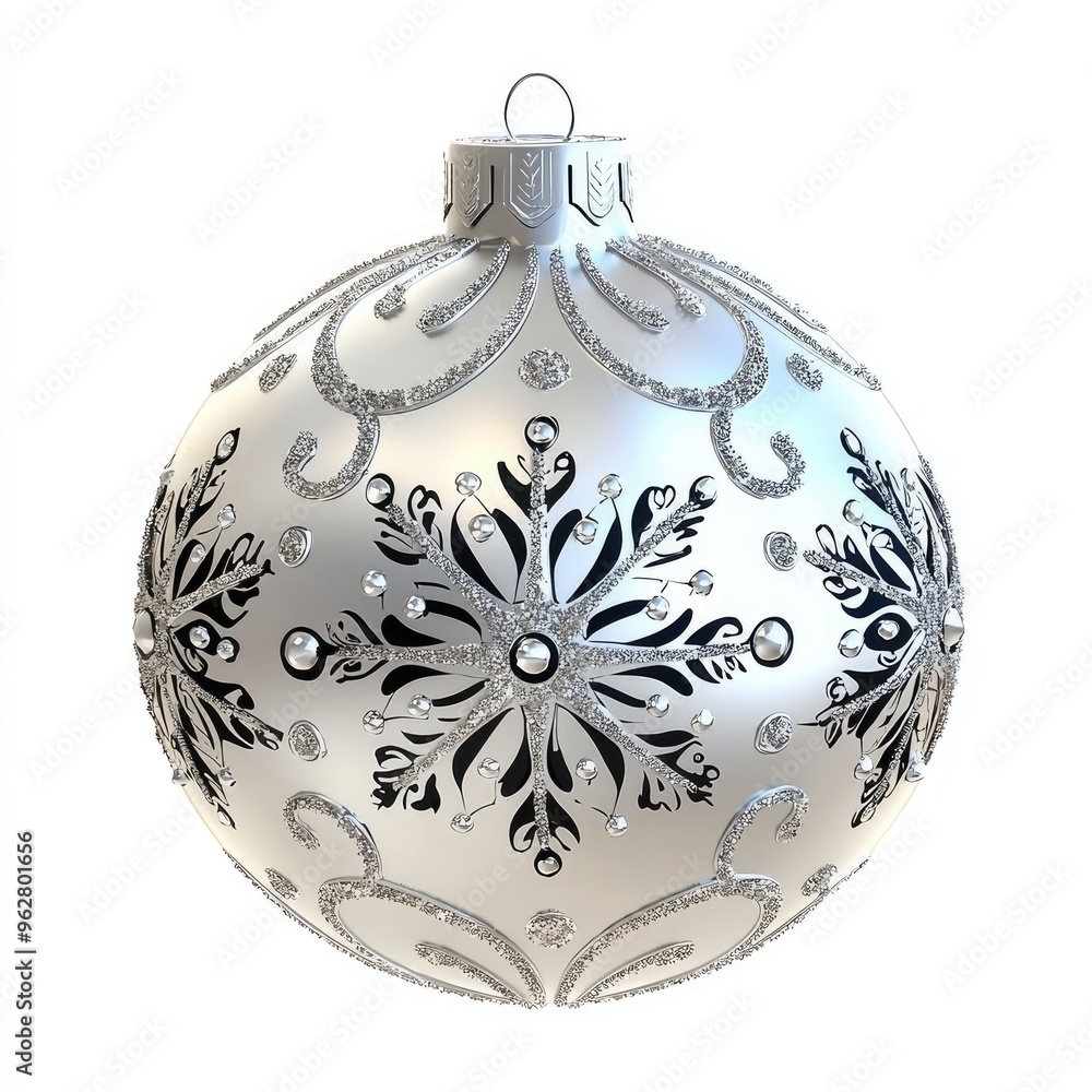 Elegant Silver Christmas Ornament with Intricate Black and Silver Snowflake Design on White Background Elegant Silver Christmas Ornament with Intricate Black and Silver Snowflake Design on White Background