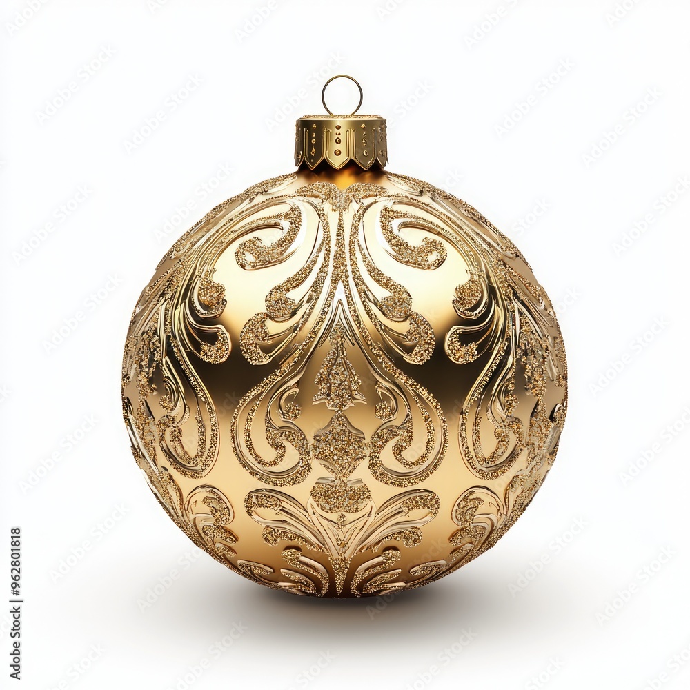 Elegant Gold Christmas Ornament with Intricate Patterns on White Background Elegant Gold Christmas Ornament with Intricate Patterns on White Background