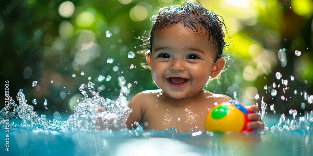 Happy baby playing with a ball in a pool. Happy baby playing with a ball in a pool.