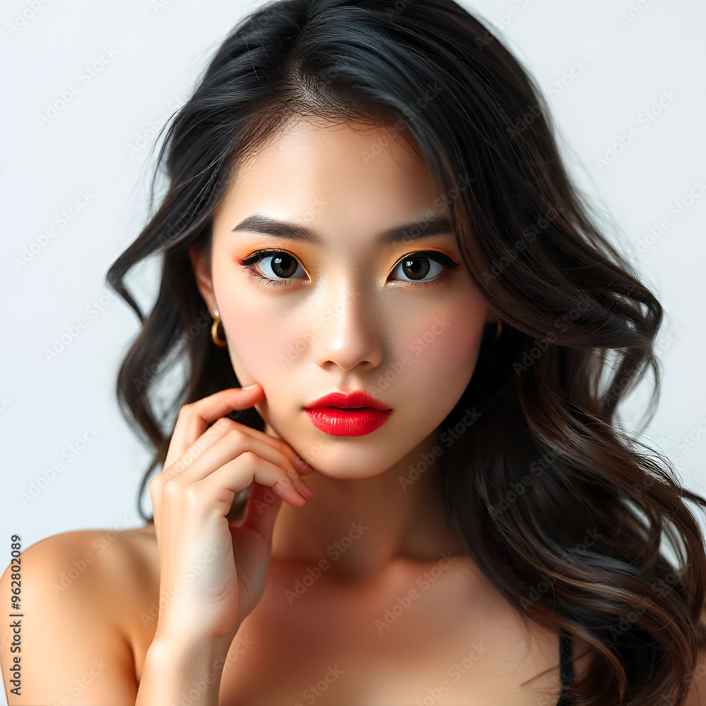 Model young Asian woman with dark hair, red lips, black top, wearing a black dress, studio shot Model young Asian woman with dark hair, red lips, black top, wearing a black dress, studio shot