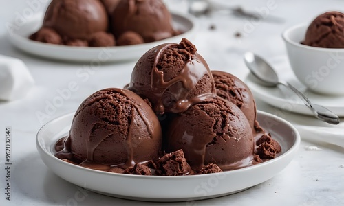 Luscious Chocolate Ice Cream on Sleek White Desk, Generative Ai