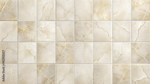 Close-up of an elegant tiled surface featuring light-colored marbled tiles with intricate veining patterns.