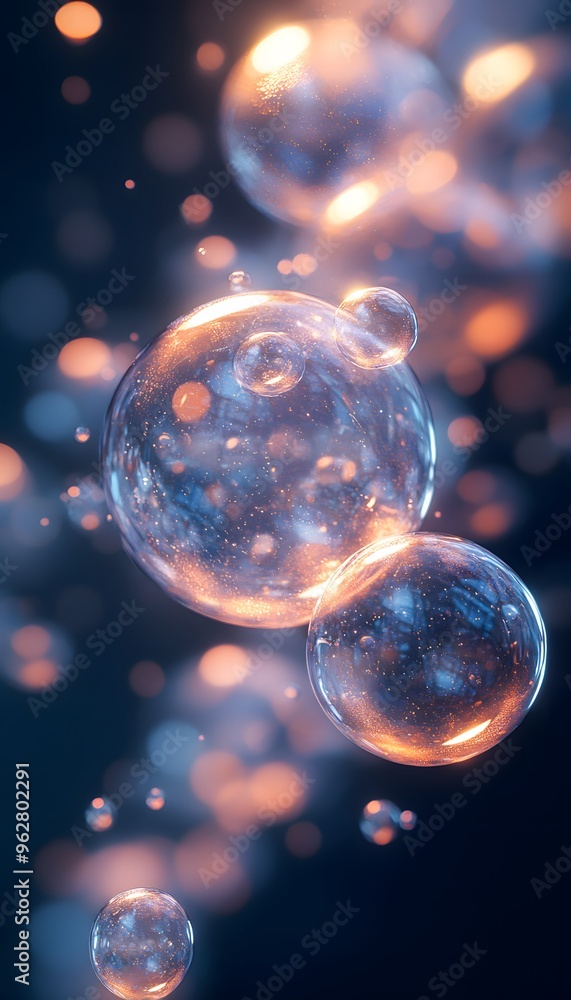 Abstract 3D Render of Transparent Glowing Spheres on a Dark Blue Background Abstract 3D Render of Transparent Glowing Spheres on a Dark Blue Background