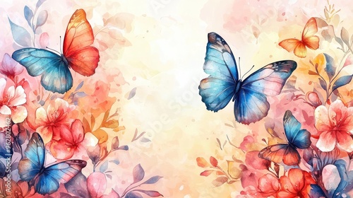 Vibrant Watercolor Butterflies and Flowers in a Colorful Spring Garden photo