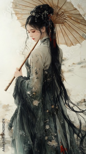 A Woman in Traditional Chinese Attire Holding a Parasol