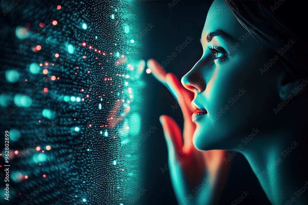 Fototapeta premium Big data analysis with AI technology. Person using machine learning and deep learning neural network for data science, data mining, business analytics, automation, data engineering. Glowing , ai