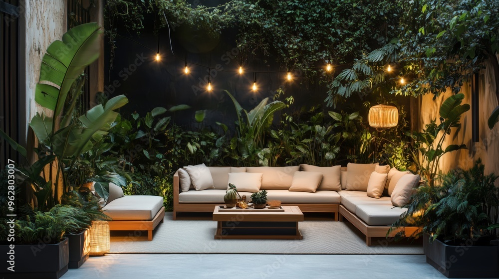 A patio with a couch and a coffee table. There are potted plants and a few lights hanging from the ceiling. Scene is cozy and inviting. A patio with a couch and a coffee table. There are potted plants and a few lights hanging from the ceiling. Scene is cozy and inviting.