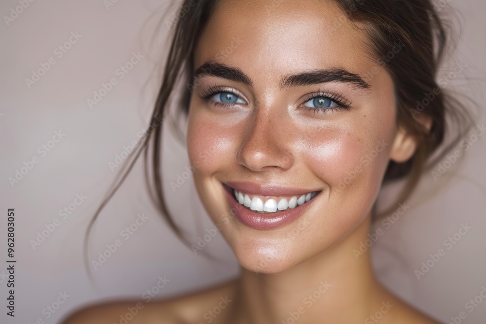 Close-up of young woman with clear and pure skin. Beautiful woman with clean skincare and natural makeup look. Fresh and healthy appearance with bright smile. Close-up of young woman with clear and pure skin. Beautiful woman with clean skincare and natural makeup look. Fresh and healthy appearance with bright smile.