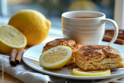 Aesthetic photo of a cup of tea with lemon, cookies and cinnamon