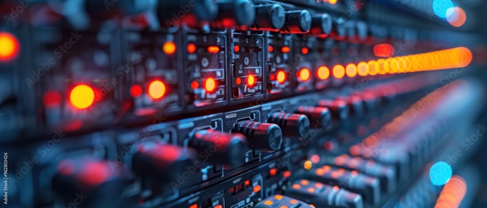 A row of computer equipment with red lights on A row of computer equipment with red lights on