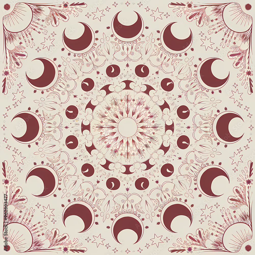 Moon Shapes, Boho Elements Mandala Background , Muted Red, Orange Green Colors, Moon Shapes, Boho Elements Mandala Background , Muted Red, Orange Green Colors,