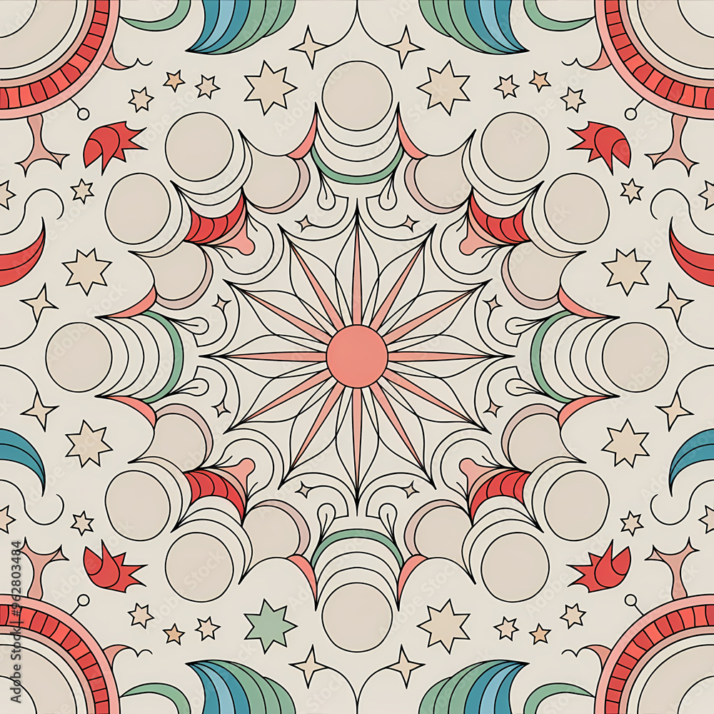 Moon Shapes, Boho Elements Mandala Background , Muted Red, Orange Green Colors, Moon Shapes, Boho Elements Mandala Background , Muted Red, Orange Green Colors,