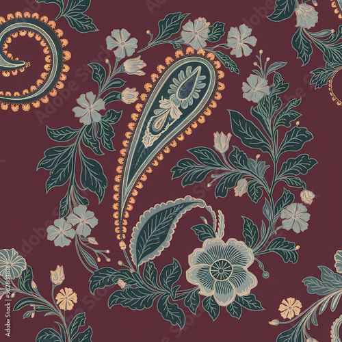 Paisely surface pattern design , botanicals and florals, muted neutral shades, fabric texture, Indian Traditional Patterns	
