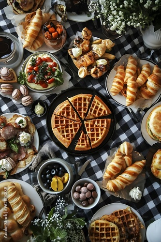 a table with a black and white chequer table cloth, full of croisants, pizzas, macarons, waffles, wraps and brioche buns photo