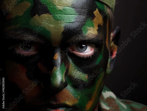 Close-up face with vibrant green camouflage pattern on dark background. Person eyes wide open, mouth slightly open. Surprised or excited expression, unique angle. photo