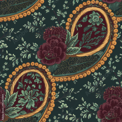 Paisely surface pattern design , botanicals and florals, red and green shades, fabric texture, Indian Traditional Patterns	
 photo