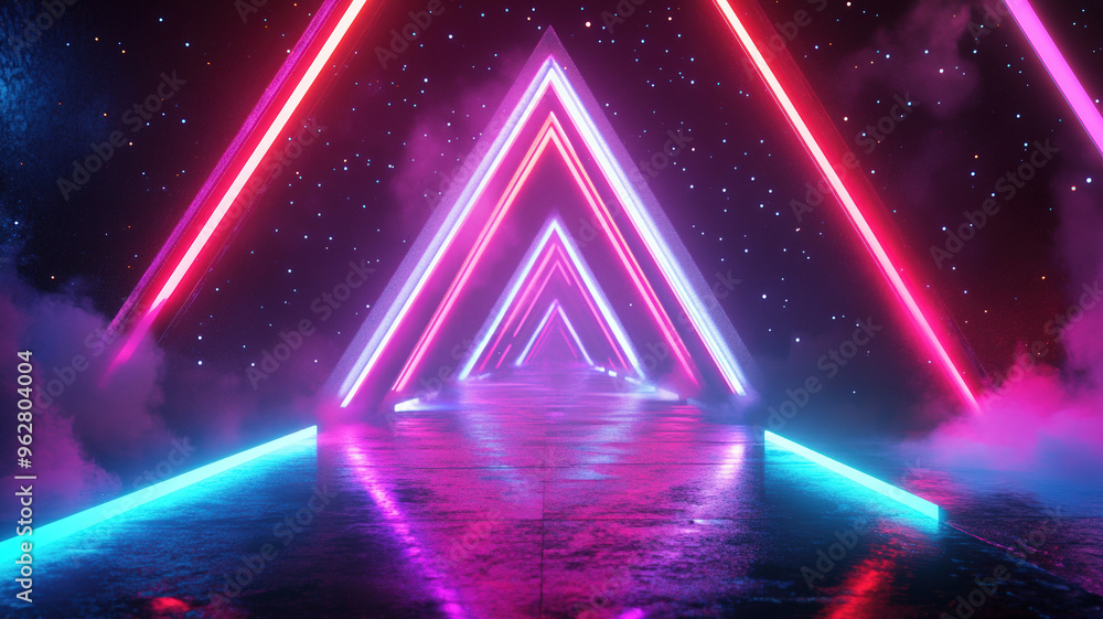 Neon Triangle Tunnel with Reflective Floor, Pink and Blue LED Lights Creating Futuristic Geometric Corridor, Abstract Sci-Fi Background with Vibrant Light Effects Neon Triangle Tunnel with Reflective Floor, Pink and Blue LED Lights Creating Futuristic Geometric Corridor, Abstract Sci-Fi Background with Vibrant Light Effects