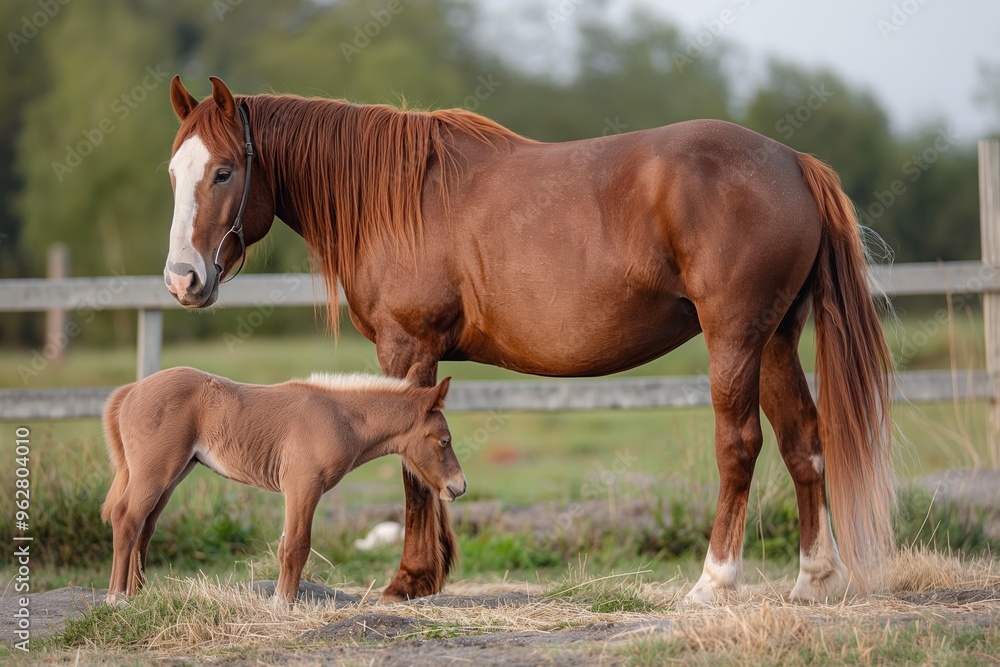 Obraz premium Mother chestnut horse with rich brown coat, white markings stands in verdant field. Young horse with lighter brown coat, white markings mirrors mother stance, focused on camera. Field green carpet