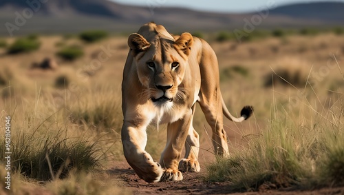 Experience the intensity of the wild with this powerful image of a lioness on the hunt, moving stealthily through the tall grass. 