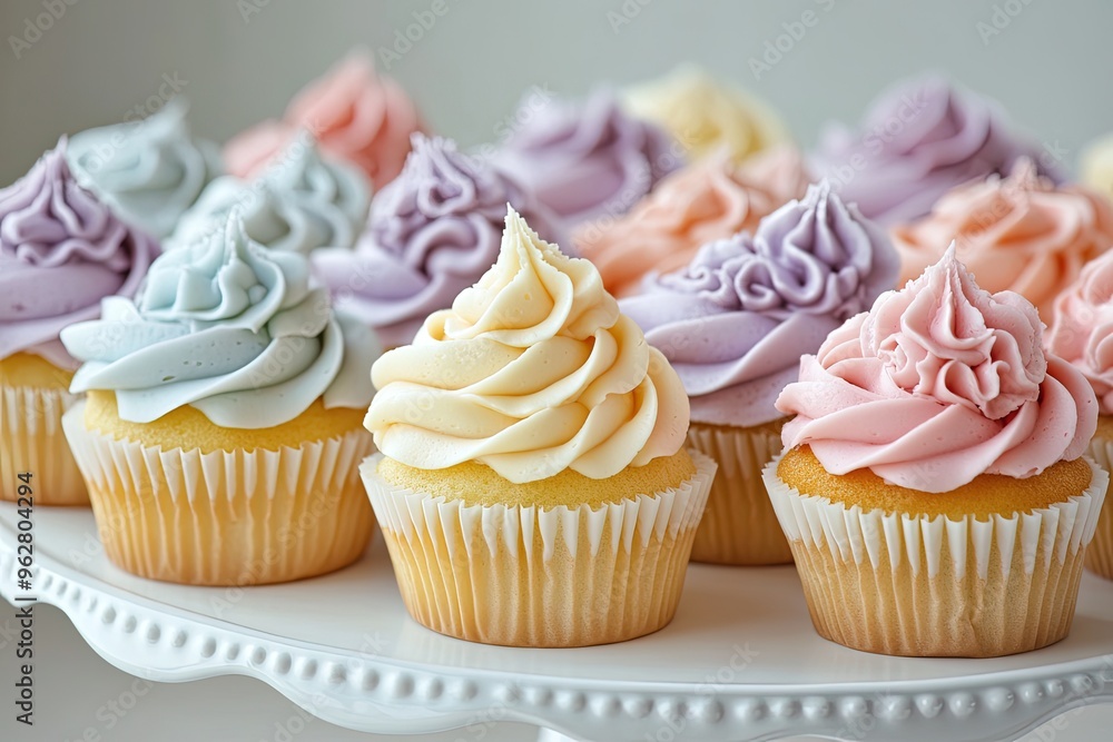 A variety of pastel - colored cupcakes with intricate icing designs, arranged on a white cake stand A variety of pastel - colored cupcakes with intricate icing designs, arranged on a white cake stand
