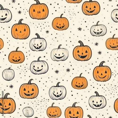 Doodle style, whimsical Halloween pattern with curvy lines, soft neutral background, tiny pumpkins and polka dots scattered throughout, light and festive