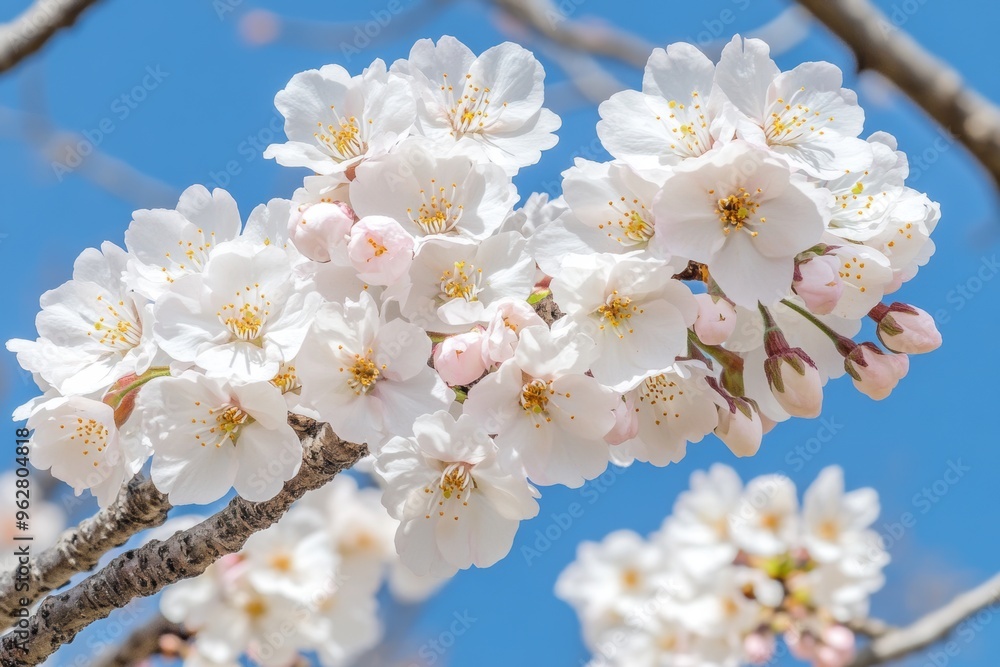 Serene cherry blossoms in full bloom clear blue sky Serene cherry blossoms in full bloom clear blue sky