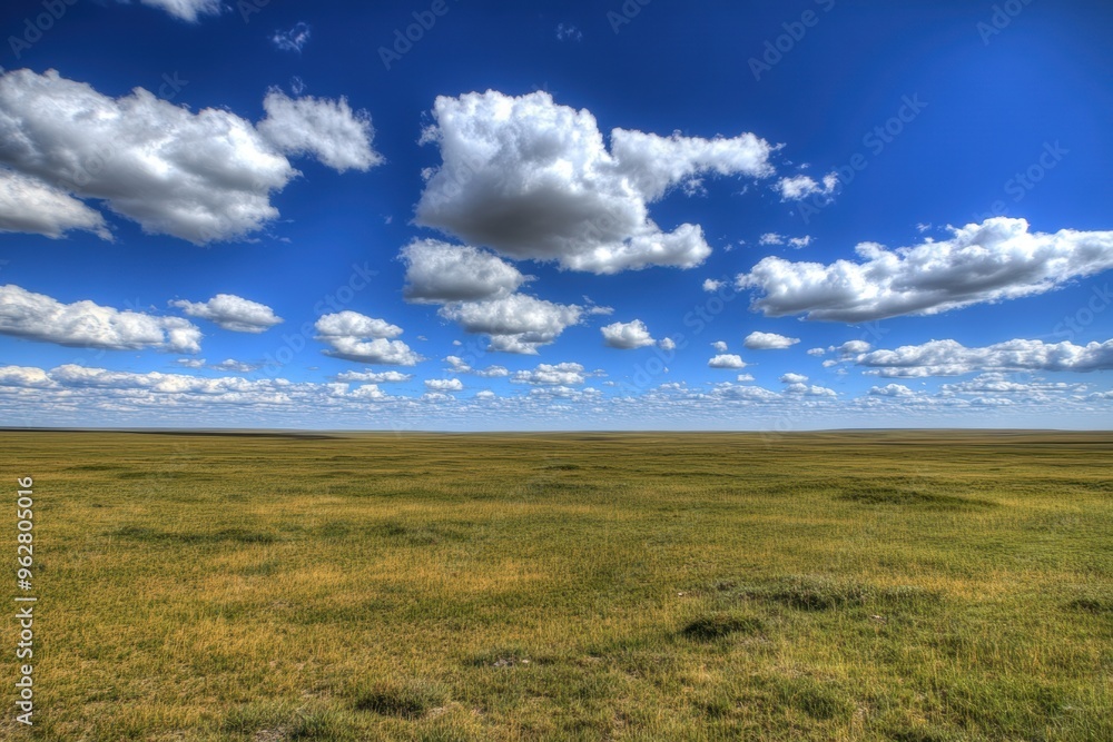Obraz premium Expansive prairie vibrant blue sky with fluffy clouds
