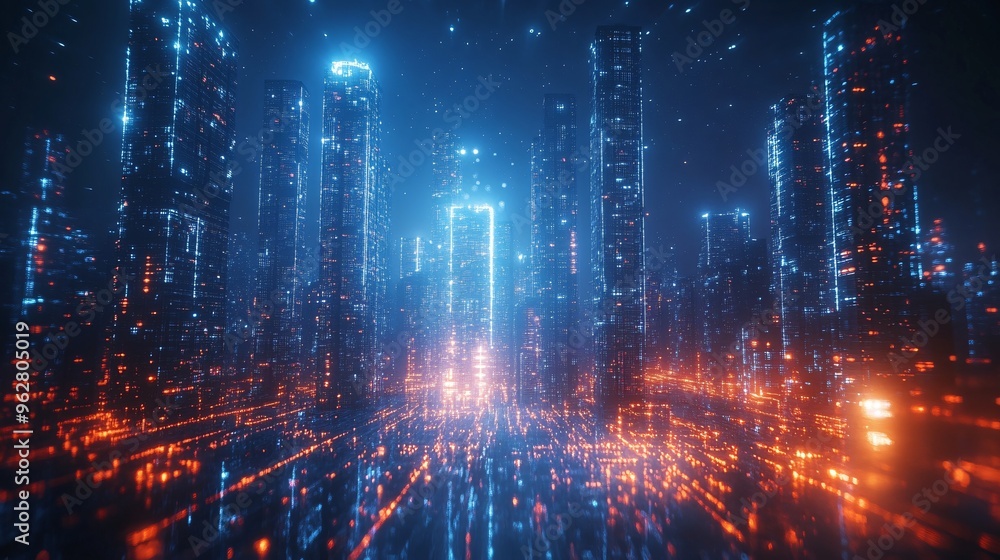 Fototapeta premium Futuristic Cityscape with Neon Lights at Night