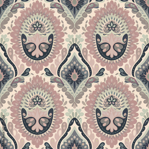 Paisely surface pattern design , botanicals and florals, muted neutral shades, fabric texture, Indian Traditional Patterns  photo