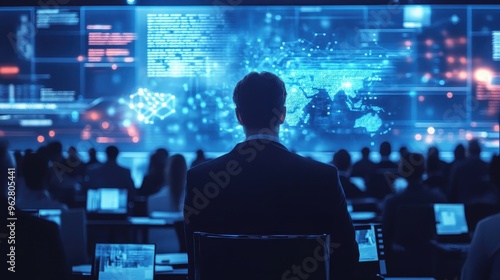 Futuristic Technology Command Center with Global Data Visualization