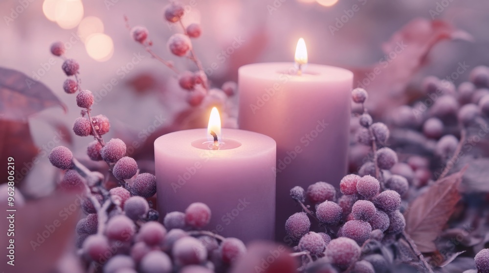 lit lavender candles surrounded by soft pink and gold autumn leaves, a warm, cozy atmosphere with the gentle glow lit lavender candles surrounded by soft pink and gold autumn leaves, a warm, cozy atmosphere with the gentle glow
