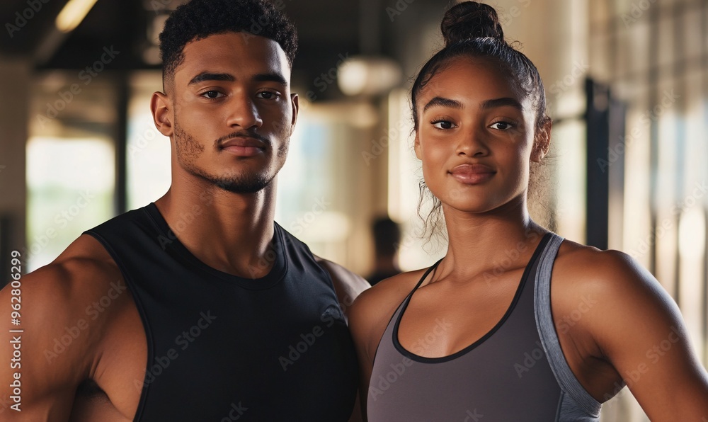 A fit couple poses confidently in a modern gym setting, showcasing their dedication to health and fitness. A fit couple poses confidently in a modern gym setting, showcasing their dedication to health and fitness.