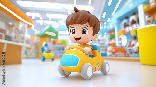 A cheerful child rides a colorful toy car in a vibrant playroom filled with toys, capturing pure joy and childhood happiness. photo