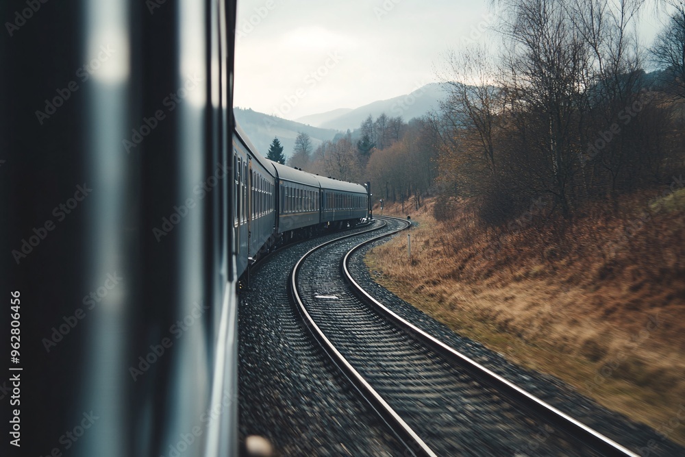 A scenic view of a train traveling along a curved railway, surrounded by mountains and autumn foliage. A scenic view of a train traveling along a curved railway, surrounded by mountains and autumn foliage.