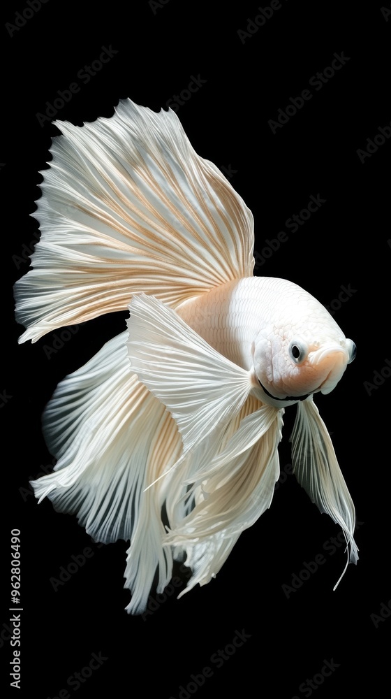 Elegant white betta fish swimming gracefully on black background Elegant white betta fish swimming gracefully on black background