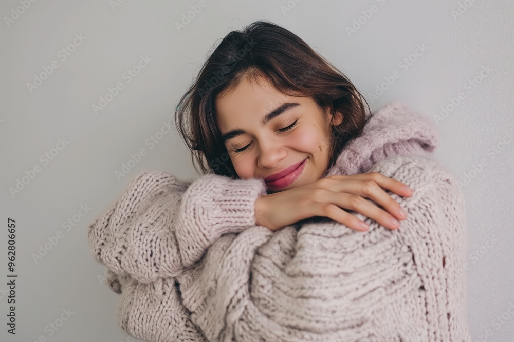 Young brunette woman wearing casual winter sweater, smiling confidently, hugging herself. Expressing self-love and happiness. Confident and positive female portrait. Young brunette woman wearing casual winter sweater, smiling confidently, hugging herself. Expressing self-love and happiness. Confident and positive female portrait.