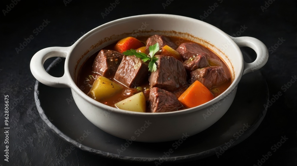 White plate of Hungarian beef stew, black texture White plate of Hungarian beef stew, black texture