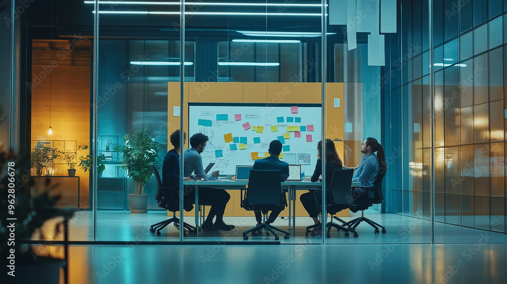 A diverse team of professionals in a modern meeting room with a large glass wall, brainstorming ideas for a new project using whiteboards, A diverse team of professionals in a modern meeting room with a large glass wall, brainstorming ideas for a new project using whiteboards,