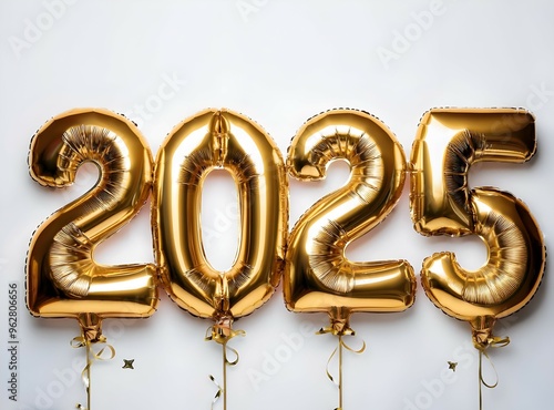 Golden foil balloons shaped like happy new year 2025 on a pure white background. generative ai