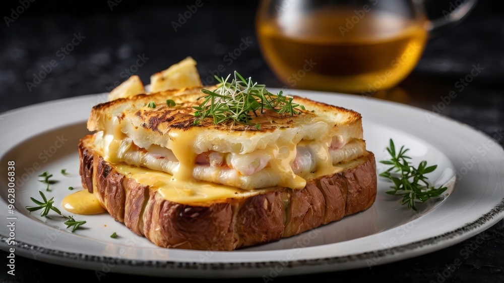 White plate with croque monsieur, black textured backdrop White plate with croque monsieur, black textured backdrop