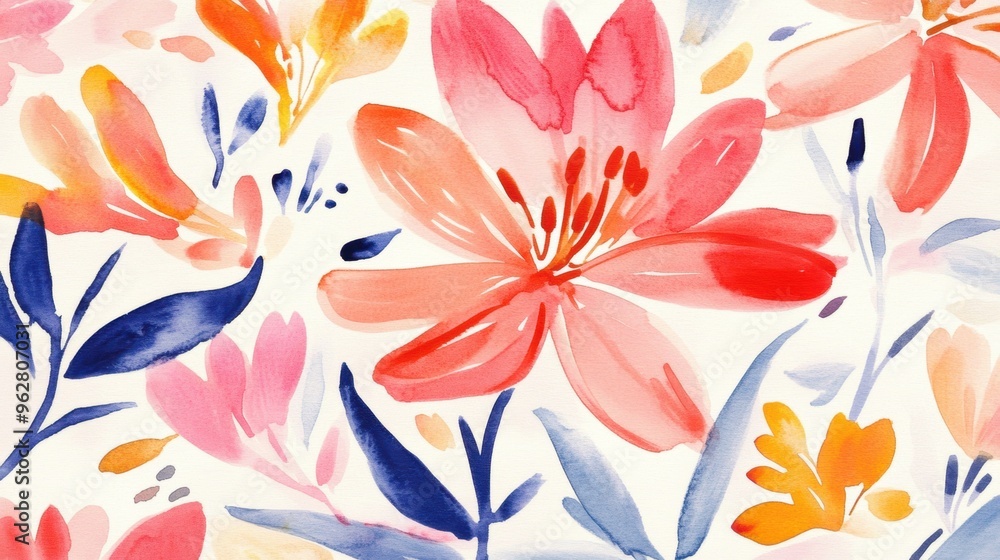 Obraz premium Vibrant watercolor floral pattern with pink lilies colorful leaves