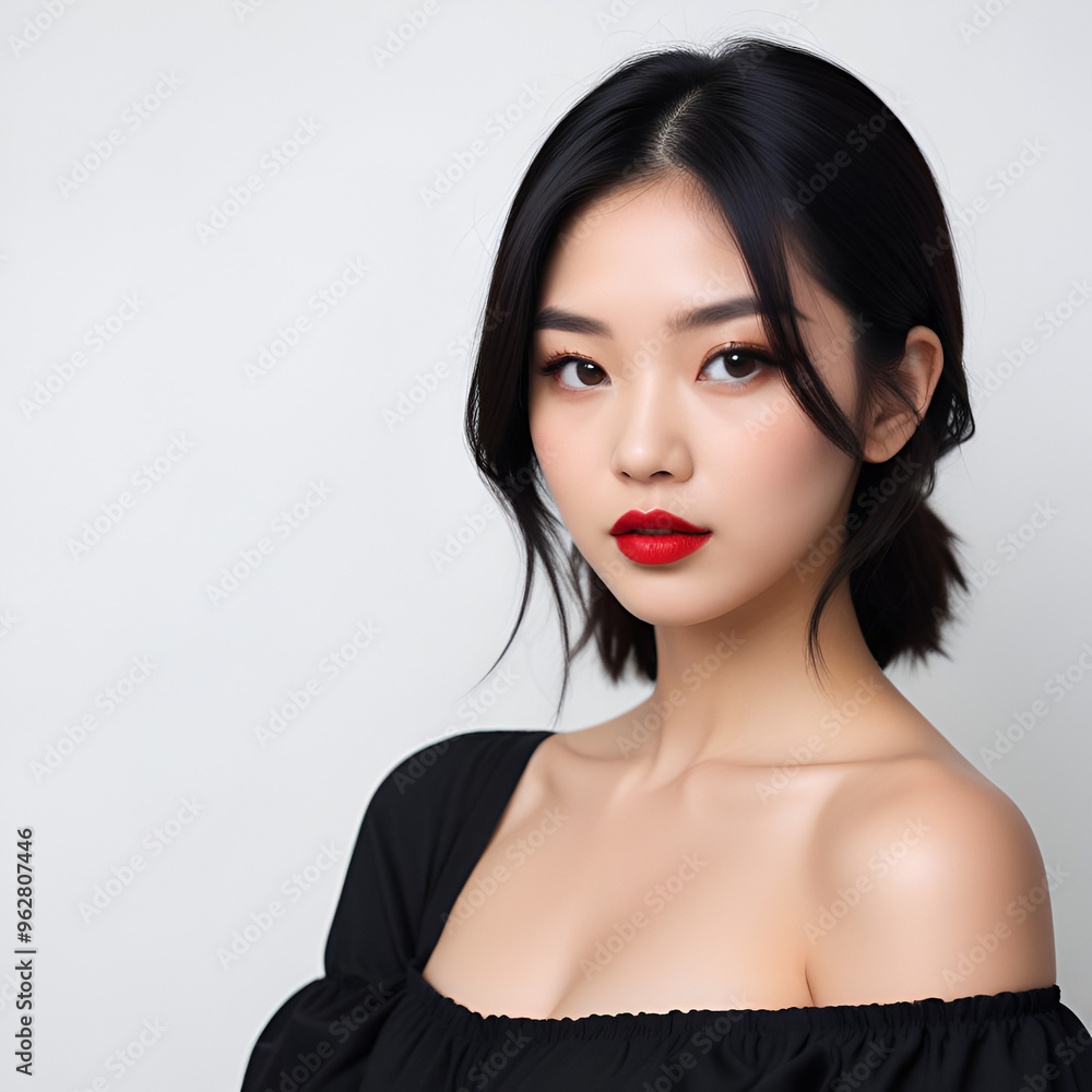 Model young Asian woman with dark hair, red lips, black top, wearing a black dress, studio shot Model young Asian woman with dark hair, red lips, black top, wearing a black dress, studio shot