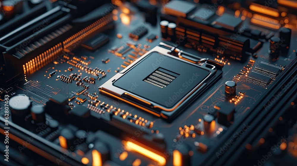 Close-up of a computer motherboard with a central processor and illuminated circuitry. Close-up of a computer motherboard with a central processor and illuminated circuitry.