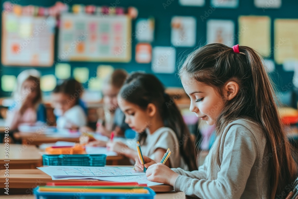 Young Girl Focused on Coloring in a Classroom Young Girl Focused on Coloring in a Classroom